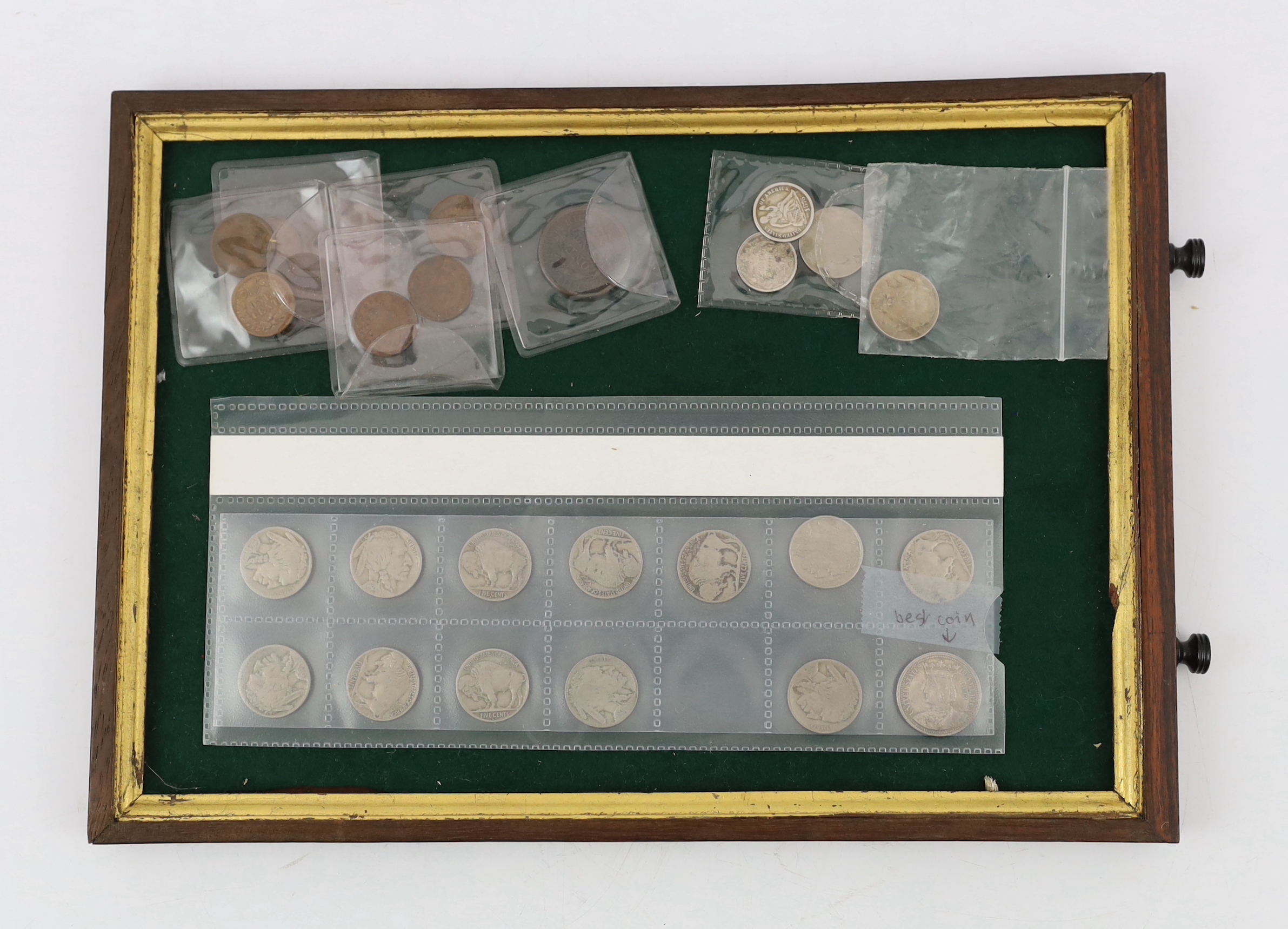 US coins, Queen Isabella quarter dollar 1893, about UNC, Liberty head one cent 1844, VF, various Indian head one cents, five cents